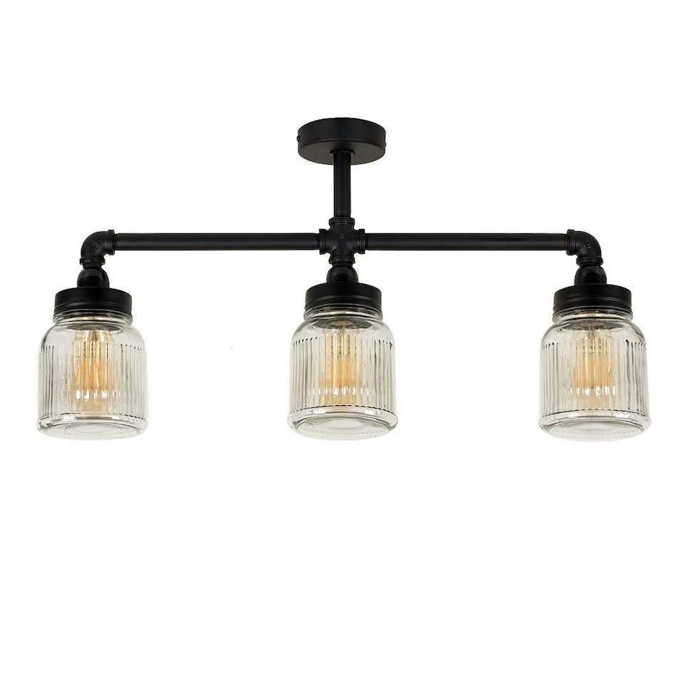 image 1 of ValueLights Luiggi 3 Way Black Ceiling Bar Light Clear Ribbed Glass Shades