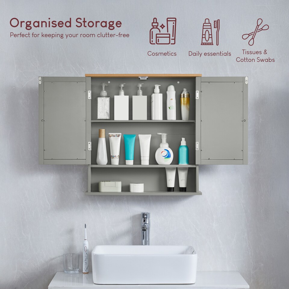 image 1 of Bath Vida Priano 2 Door Mirrored Wall Mounted Bathroom Cabinet With Shelf, Grey & Oak | Grey | Grey & Oak | 1