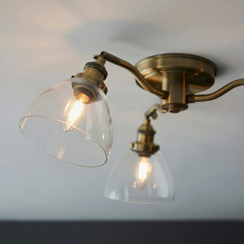 image 1 of Hansen Multi Arm Glass Semi Flush Ceiling Lamp, Antique Brass Plate, Glass