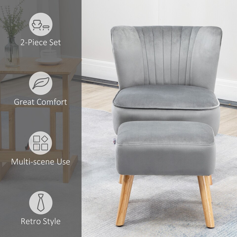 image 1 of HOMCOM Velvet Accent Chair Occasional Tub Seat Padding Curved Back with Ottoman Wood Frame Legs Home Furniture Light Grey