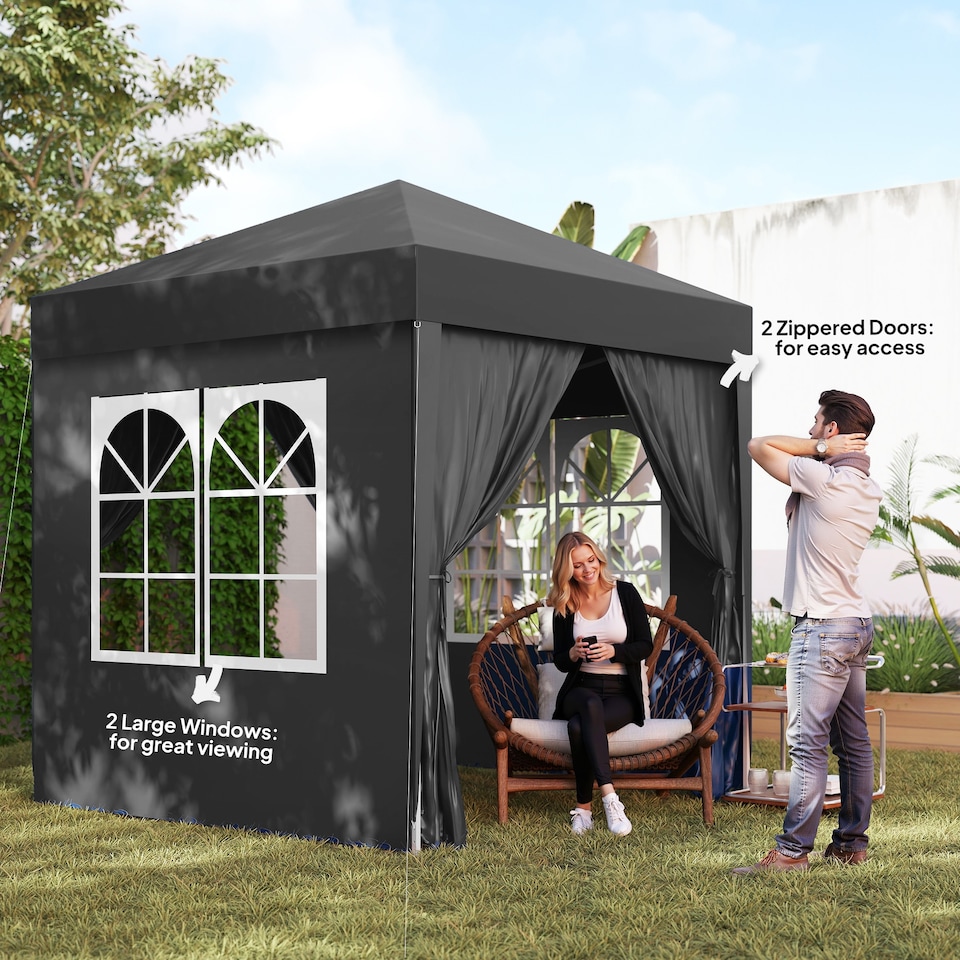 image 1 of Outsunny 2 x 2 m Garden Pop Up Gazebo, Wedding Party Tent Marquee, Water Resistant Awning Canopy with Sidewalls, Windows, Carry Bag, Black