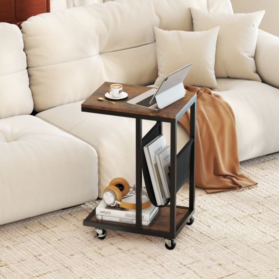 image 1 of COSTWAY C-shaped Side Table on Wheels with Storage Pouch Brown
