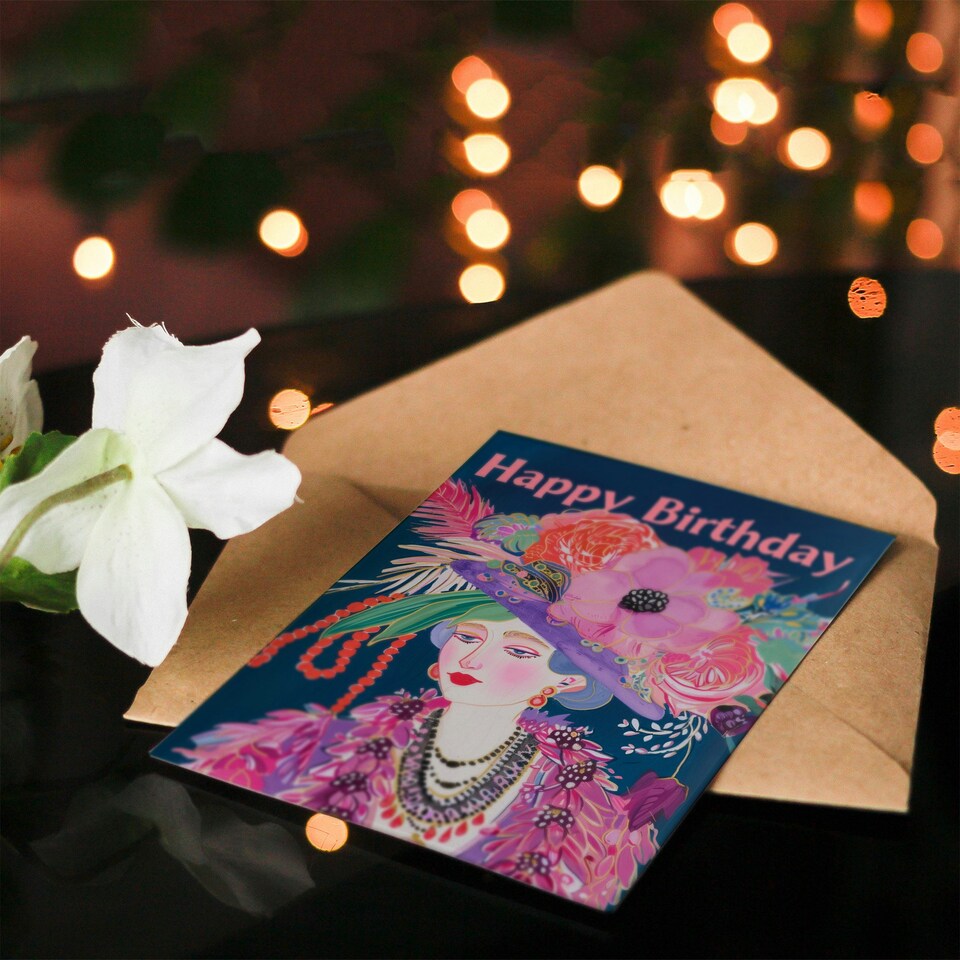 image 1 of Floral Fashion Dame Fancy Hat Portrait Woman Her Birthday Card