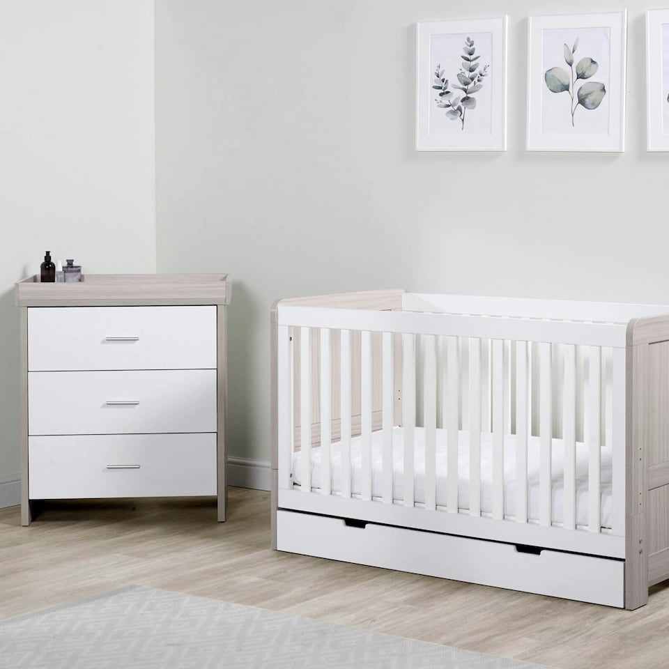 image 1 of Pembrey 2 Piece Furniture - Cot Bed, Changing Unit & All Seasons Premium Pocket Sprung Mattress, Suitable from Birth to 4 Years (Ash Grey & White)