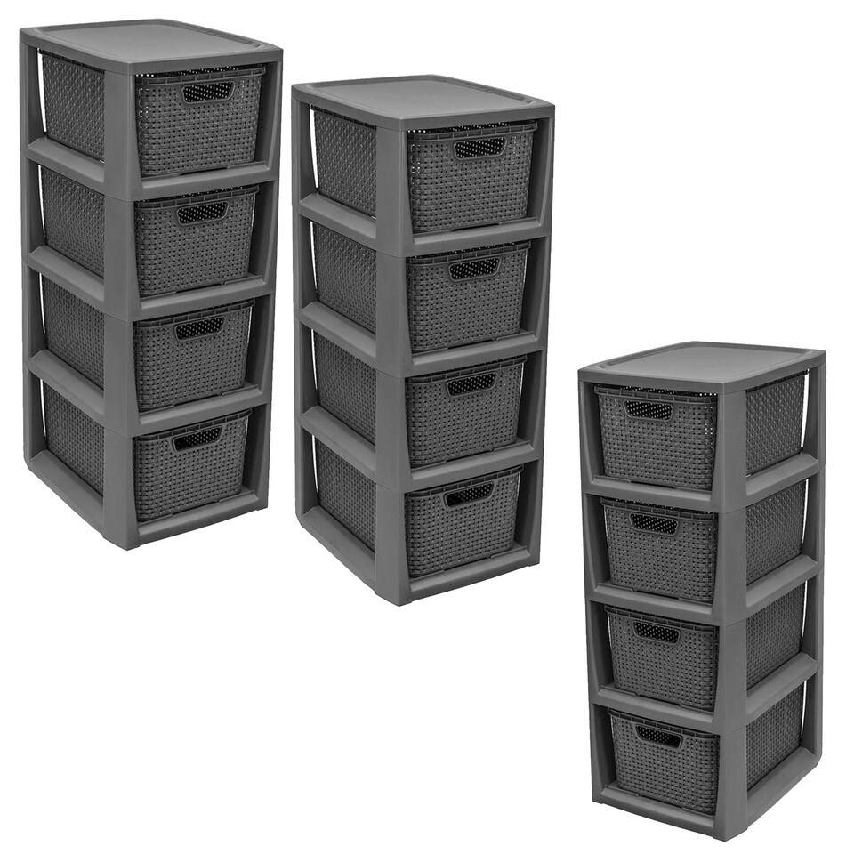 image 1 of Grey 4 Drawer Stylish Rattan Effect Storage Tower Commode Baskets For Home & Office Grey