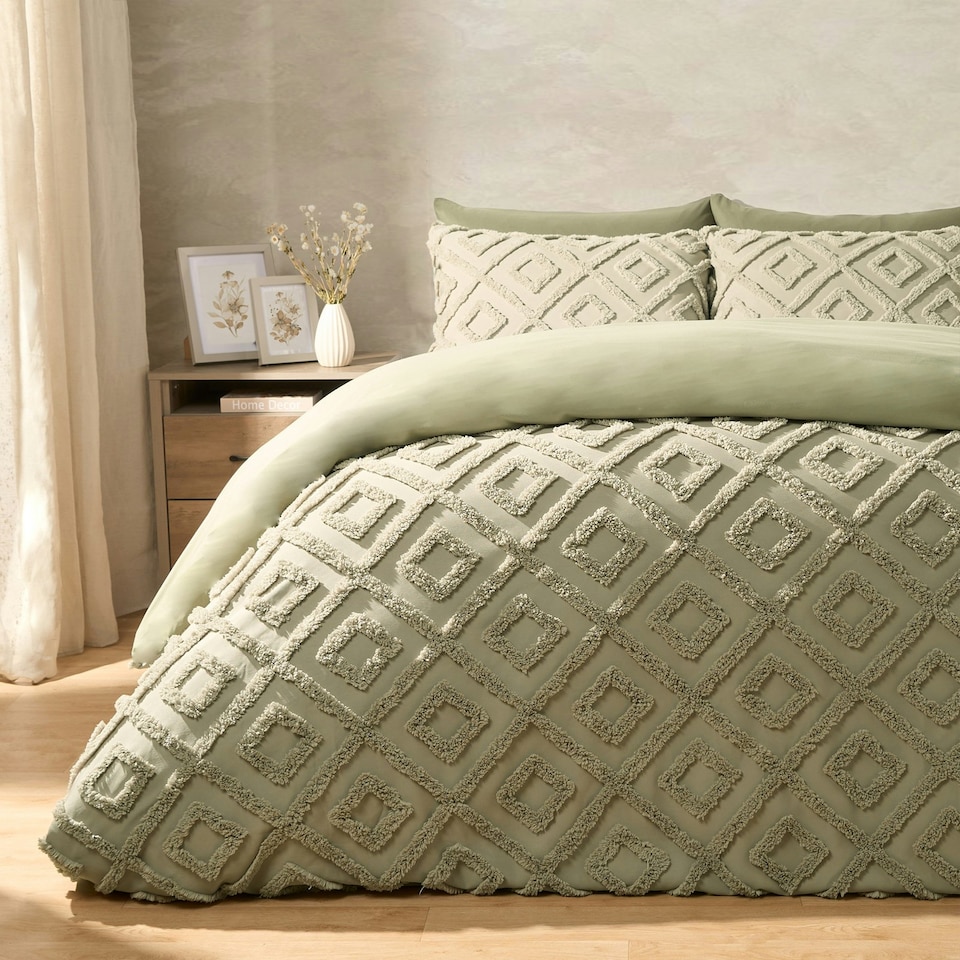 image 1 of OHS Geometric Tufted Soft Plump Cosy Fleece Duvet Cover and Pillowcase Bedding Set Green | Sage | Single