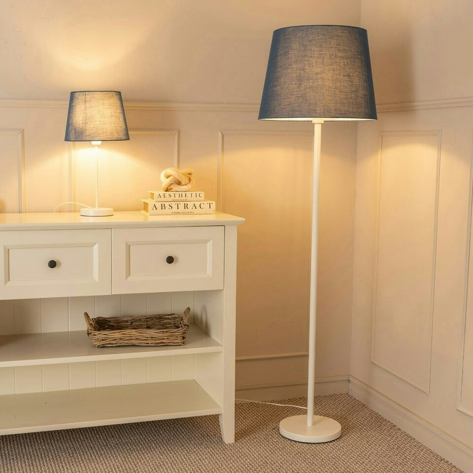 image 1 of ValueLights Charlie White Stem Table Lamp Navy Taper Shade Blue