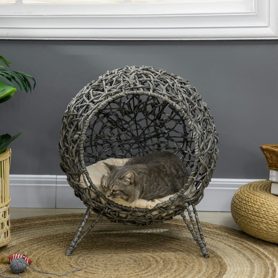 image 1 of PawHut Rattan Elevated Cat House Kitten Bed Pet Furniture w/ Cushion Grey