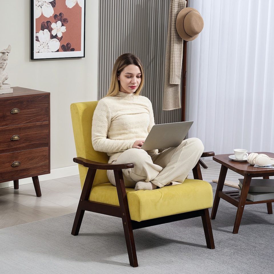 image 1 of HOMCOM Nordic Accent Chair, Upholstered Velvet Armchair with Solid Wood Frame and Soft Thick Padded for Living Room, Bedroom, Champagne | Yellow | Yellow