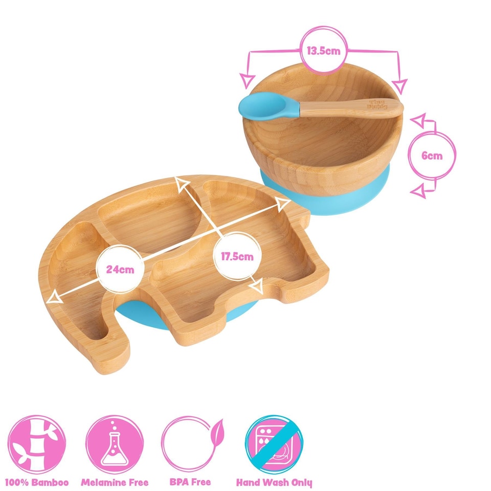 image 1 of Tiny Dining 3pc Bamboo Suction Feeding Set - Elephant/Red - Divided Non-Slip Bamboo Baby Self-Feeding Dining Weaning Set