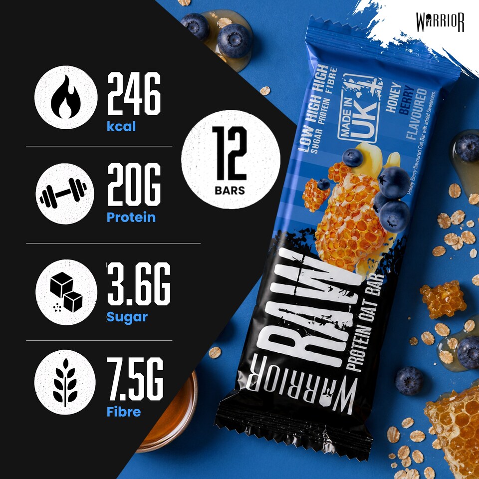 image 1 of Warrior RAW Protein Bars 12 x 75g – 20g High Protein Bar, Low Sugar High Fibre Oat Protein Flapjack – Protein Snacks, Meal Replacement Bars (Honey Berry)