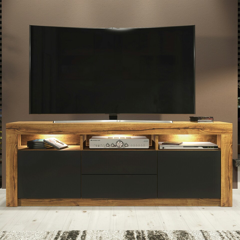 image 1 of TV Unit 160cm Black Matt Doors & Drawers Oak Matt Body Free LED Multi | Oak & Black