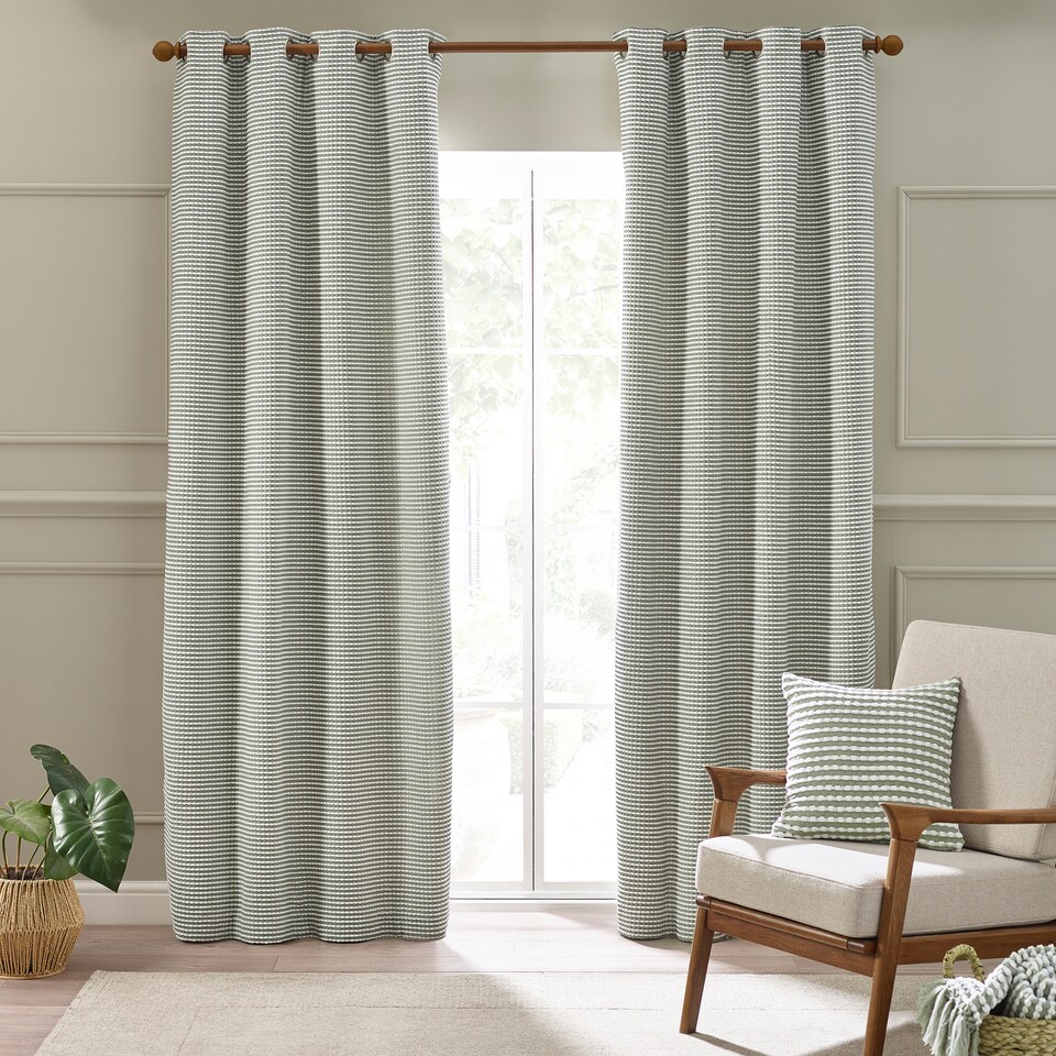 image 1 of Catherine Lansfield Stab Stitch 90x90 Inch Lined Eyelet Curtains Sage Green | Green | Sage Green