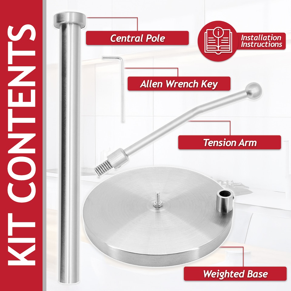 image 1 of SPARES2GO Kitchen Roll Holder Weighted Base Stainless Steel Paper Towel Stand with Spring Tension Arm (Silver)