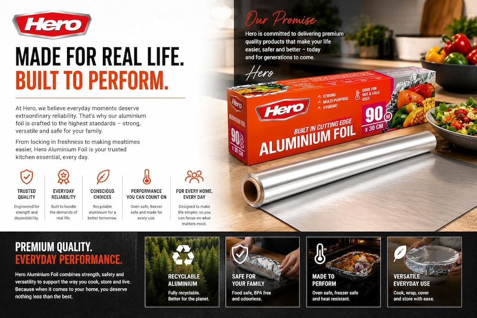 image 1 of Hero Strong Kitchen Foil Roll 90m x 300mm – Premium Aluminium Foil with Easy Cutter Dispenser | Non-Stick Foil for Cooking, Baking, BBQ & Food Wrapping