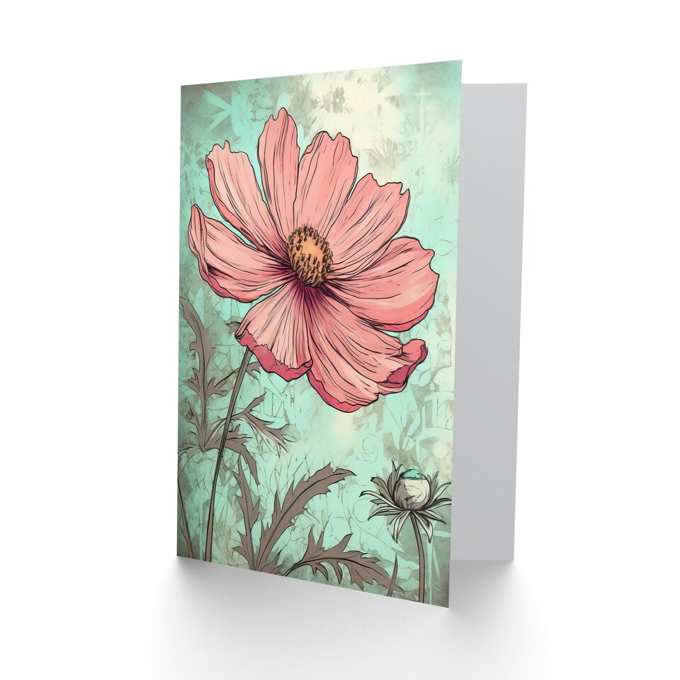 image 1 of Cosmos Flower Soft Pink Teal Watercolour Mum Card