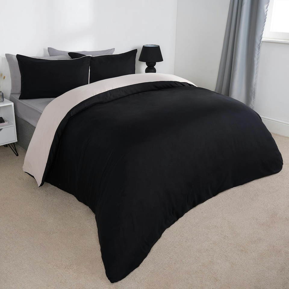 image 1 of OHS Microfibre Reversible Plain Duvet Cover and Pillowcase Set, King - Black/Natural