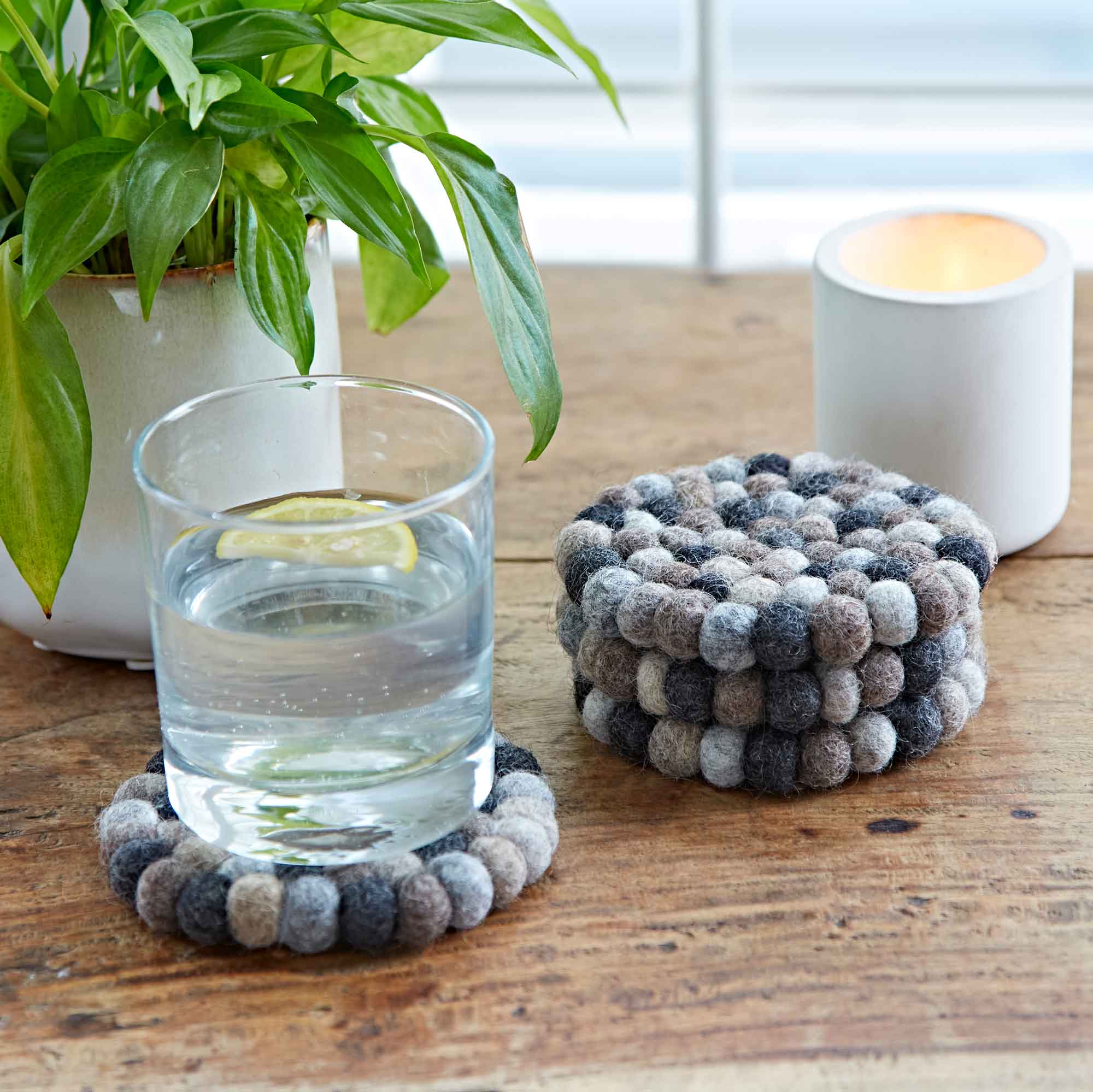 Paper High Set of 4 Handmade Felt Ball Coasters in Grey