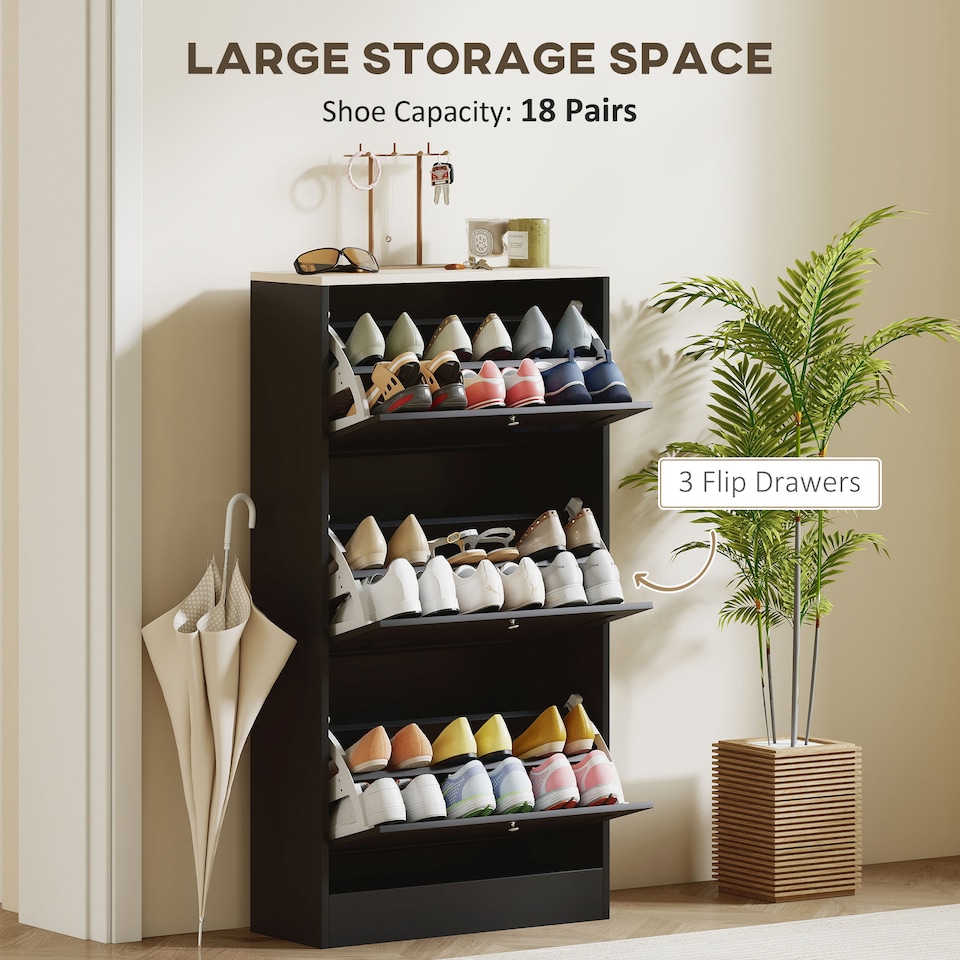 image 1 of HOMCOM Narrow Shoe Cabinet w/ 3 Flip Drawers for 12-18 Pairs of Shoes Black