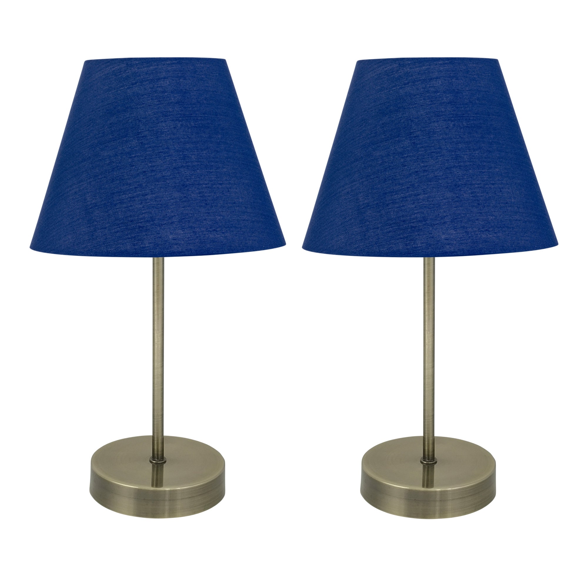 First Choice Lighting Set of 2 Antique Brass Stick Table Lamps with Navy Blue Fabric Shades in Bronze
