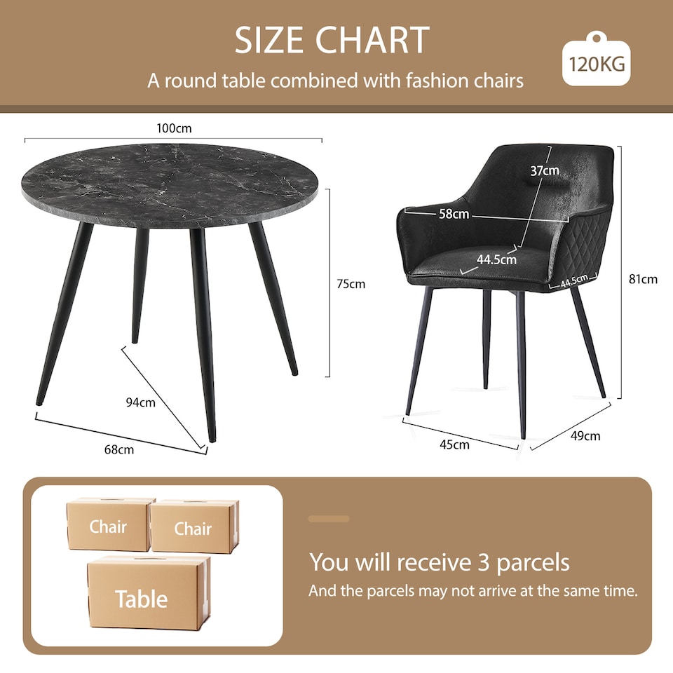 image 1 of SONARA Black Marble Round Dining Table and 4 Faux Suede Chairs Set Modern 4 Seater for Dining Room