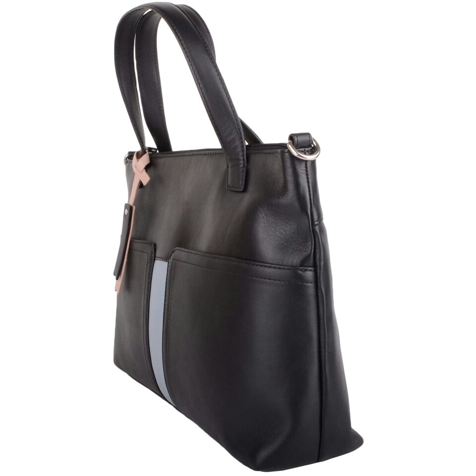 image 1 of Womens Premium Soft Genuine Leather Twin Tote Style Shoulder Handbag with Detachable Shoulder Strap - Aqua / Ivory Black | Black/Cloud