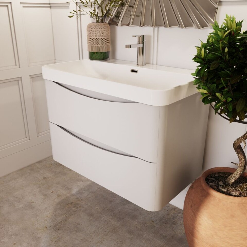 image 1 of Balterley Arch Modern Bathroom Wall Hung 2 Drawer Vanity Unit & Ceramic Basin | White | Satin White