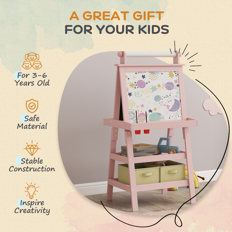 image 1 of AIYAPLAY Art Easel for Kids with Paper Roll, 3 in 1 Kids Easel Double-Sided Magnetic Whiteboard and Chalkboard with Storage Baskets, for Children 3-6 Years | Pink | Pink