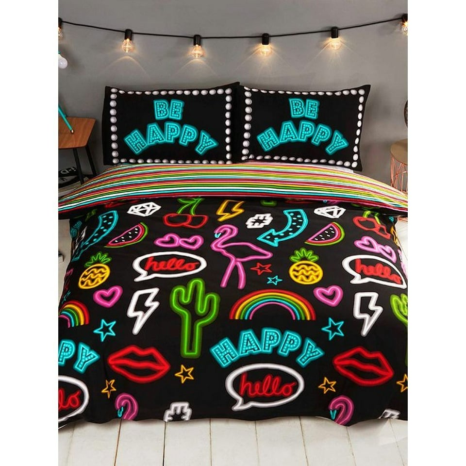 image 1 of Rapport Be Happy Neon Duvet Cover Set - Multicoloured - Double Multi | Double