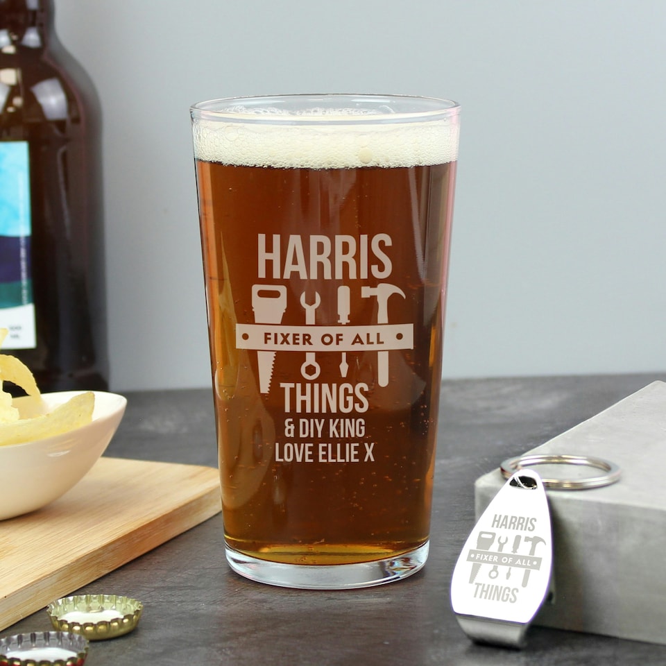 image 1 of Personalised Fixer of All Things Pint Glass & Bottle Opener Clear