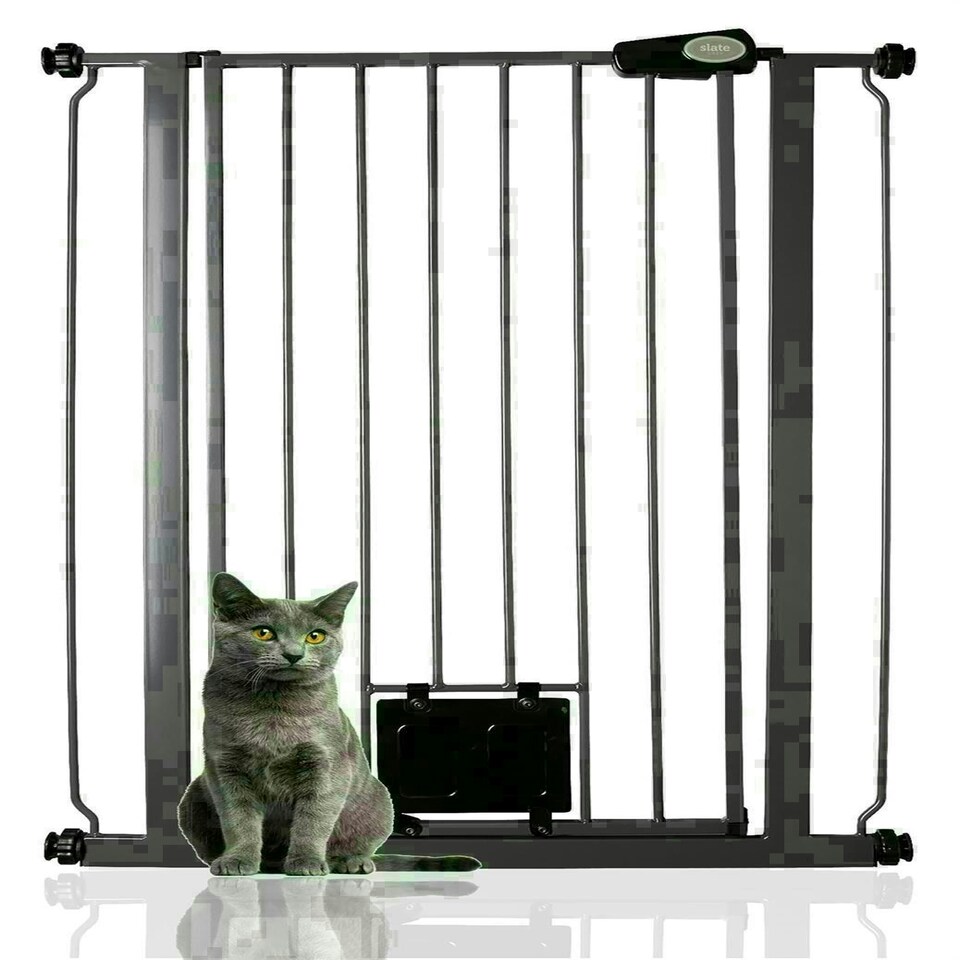 image 1 of Bettacare Pet Gate with Lockable Cat Flap, Narrow, 68.5cm - 75cm, Slate Grey, 104cm in Height