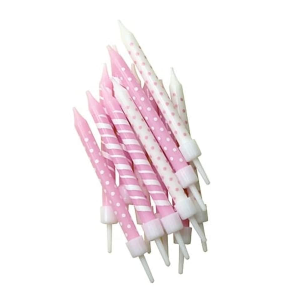 Pink Polka Dots And Stripes Party Candles With Holders - Pack of 12