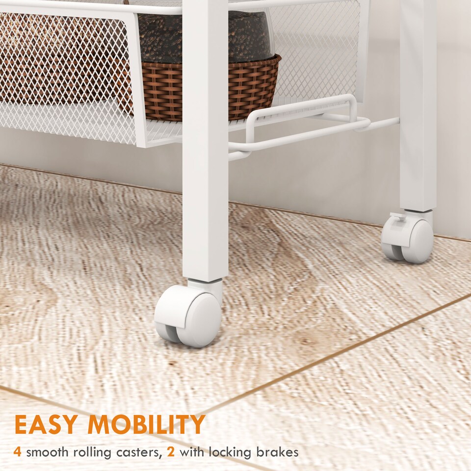 image 1 of HOMCOM 3-Tier Kitchen Cart, Multifunction Kitchen Trolley on Wheels with 3 Steel Wire Baskets, Hanging Basket and Hook, Rolling Serving Cart, White