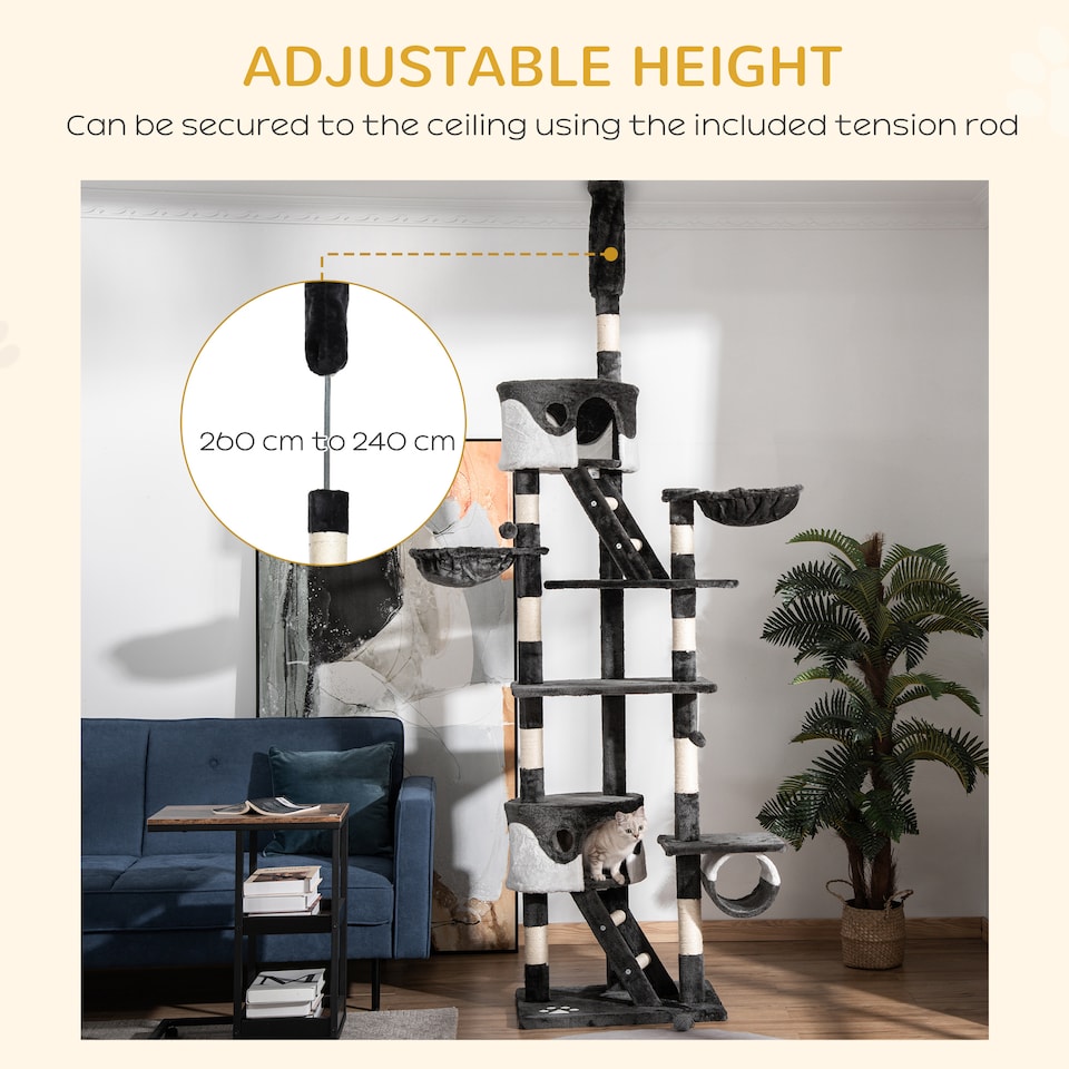 image 1 of PawHut Kitten Tower Adjustable 240-260cm, Scratch Posts, Houses