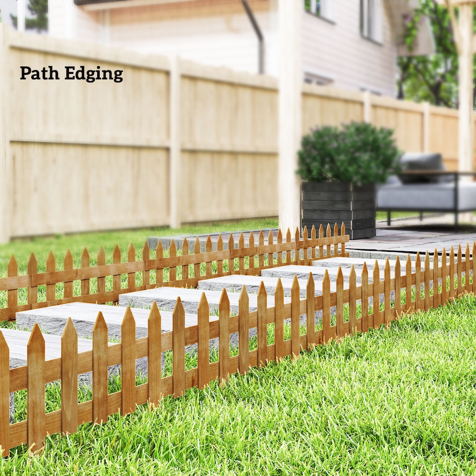 image 1 of Outsunny Pack of 12 Wooden Plant Border Fence Garden Fixed Picket Fence Brown