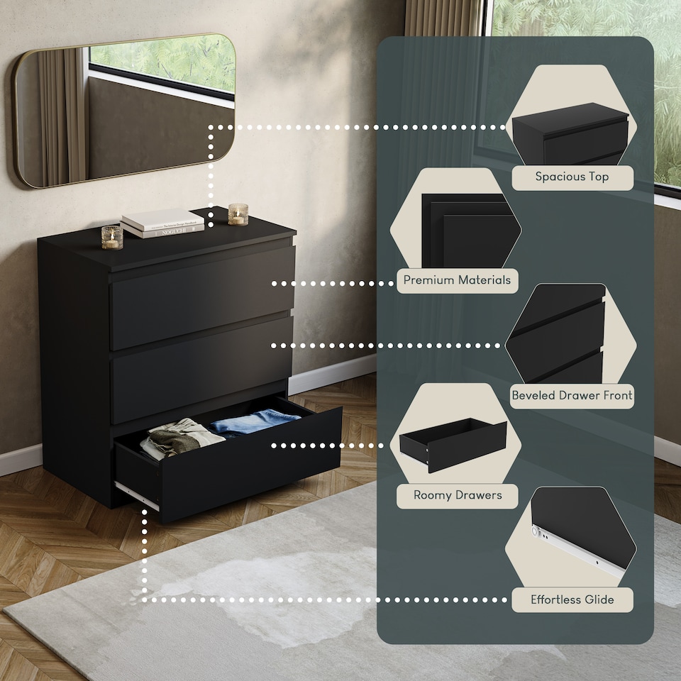 image 1 of Vida Designs Denver 3 Drawer Chest of Drawers Bedroom Storage, Black