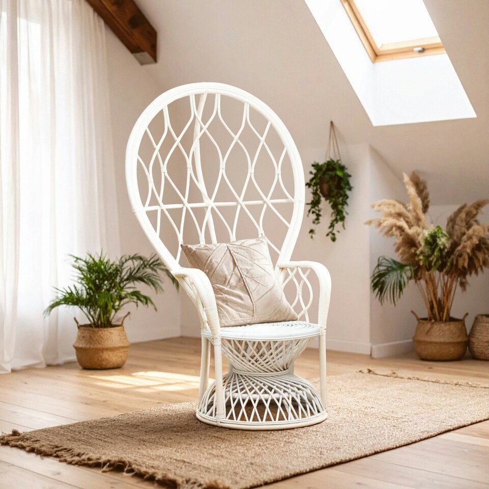 image 1 of Interiors by Premier Grey and White High Back Rattan Peakcock Chair, Rattan Arm Chair, Rattan Patio Chair for Home, Garden