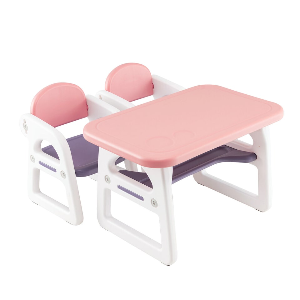 image 1 of COSTWAY 3-Piece Kids Table and Chairs Set with Rack Pink