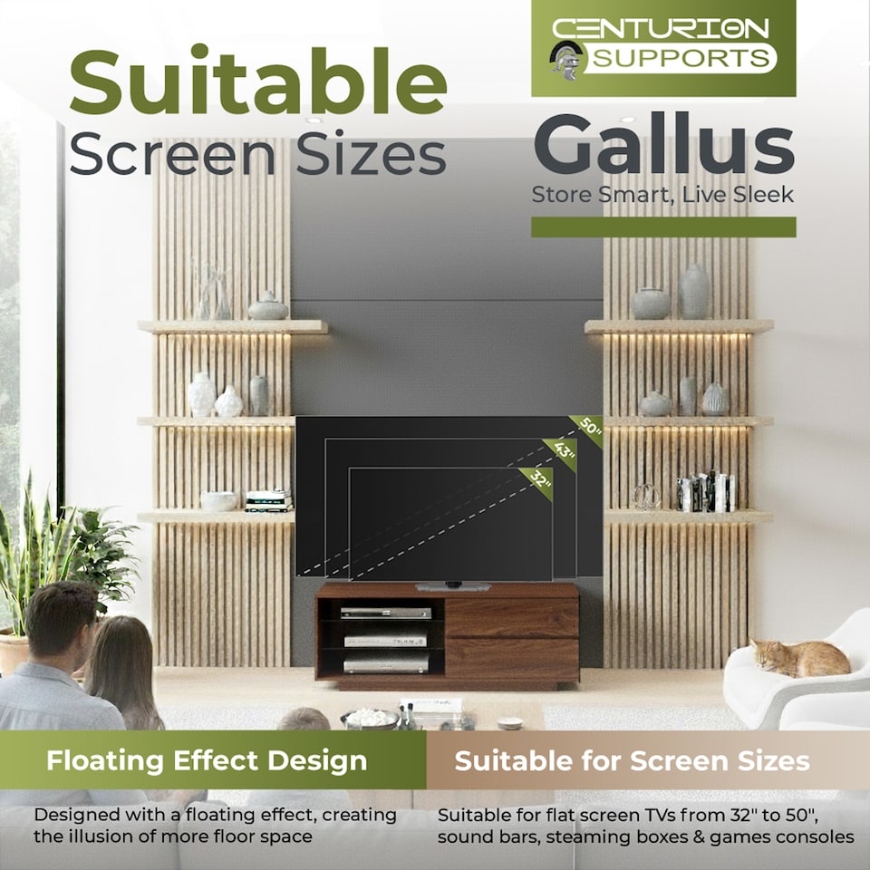 image 1 of Centurion Supports Gallus Premium Walnut with 2-Walnut Drawers and 3-Shelves 32"-55" LED/OLED/LCD TV Cabinet | Brown | 1
