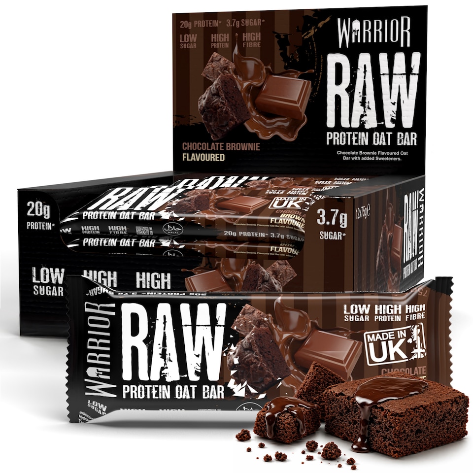 image 1 of Warrior RAW Protein Bars 12 x 75g – 20g High Protein Bar, Low Sugar High Fibre Oat Protein Flapjack – Protein Snacks, Meal Replacement Bars (Chocolate Brownie)