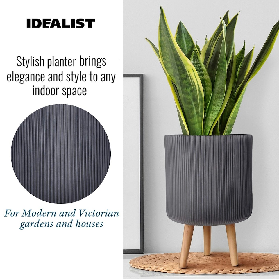 image 1 of Ribbed Black Cylinder Planter on Legs, Round Pot Plant Stand Indoor D25.5 H36 cm, 10.4 ltrs Cap.