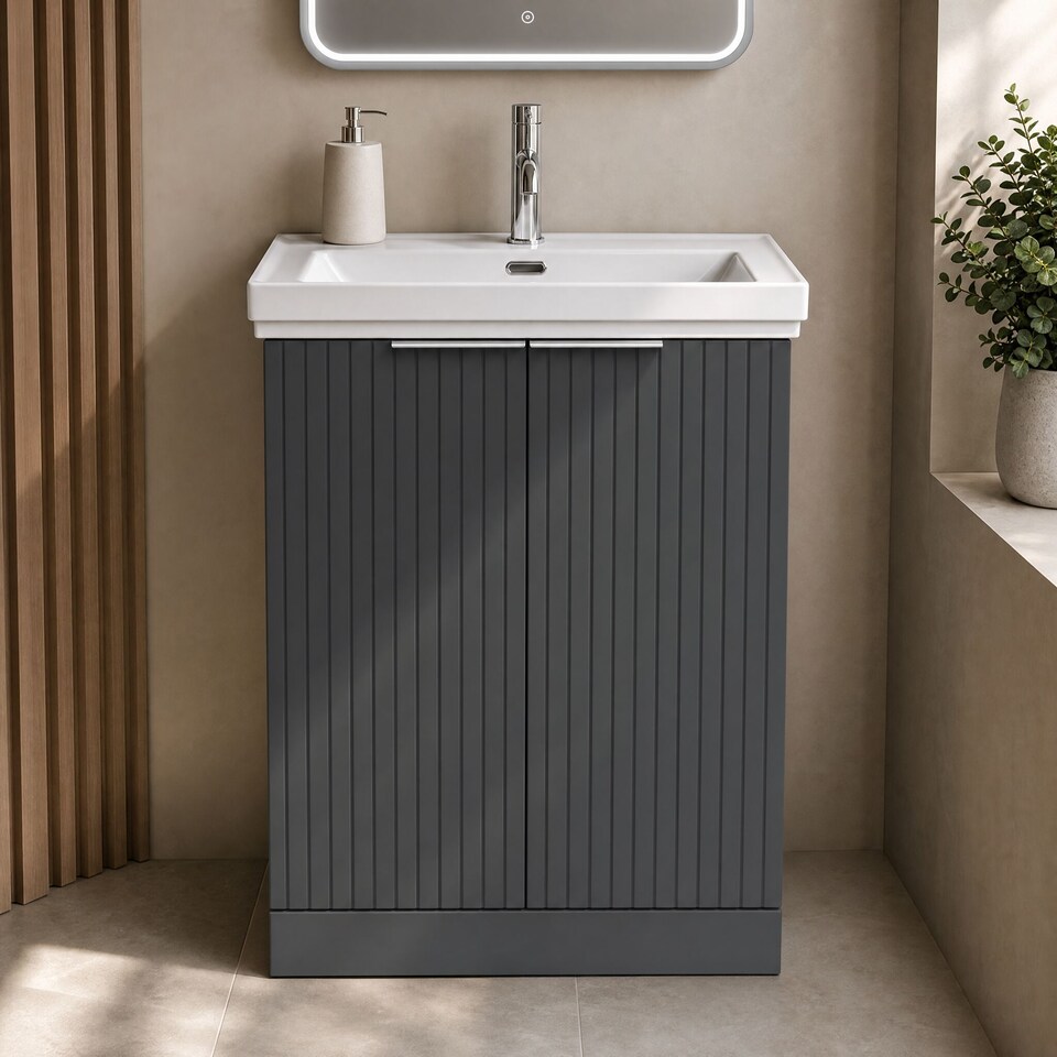 image 1 of Balterley Callingwood Contemporary Floor Standing 2 Door Vanity Unit with Traditional 1 Tap Hole Fireclay Basin , 600mm, Dark Grey