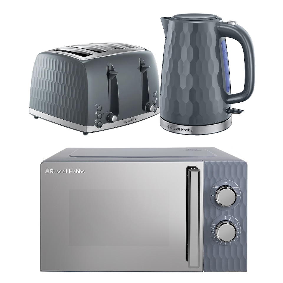 image 1 of Russell Hobbs Honeycomb Bundle Set with Kettle, 4 Slice Toaster, and Microwave Grey HCBNDL4G