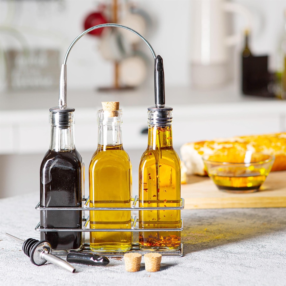 image 1 of Argon Tableware Olive Oil Pourer Bottles with Stand - 170ml - Pack of 3