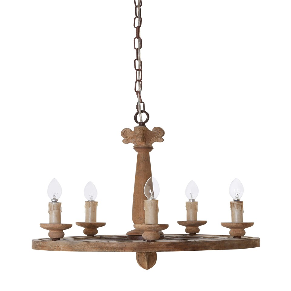image 1 of Interiors by Premier 5 Arm Shabby Chic Chandelier, Aged Wood & Metal Hanging Ceiling Light, Melted Candle Holder Design Brown
