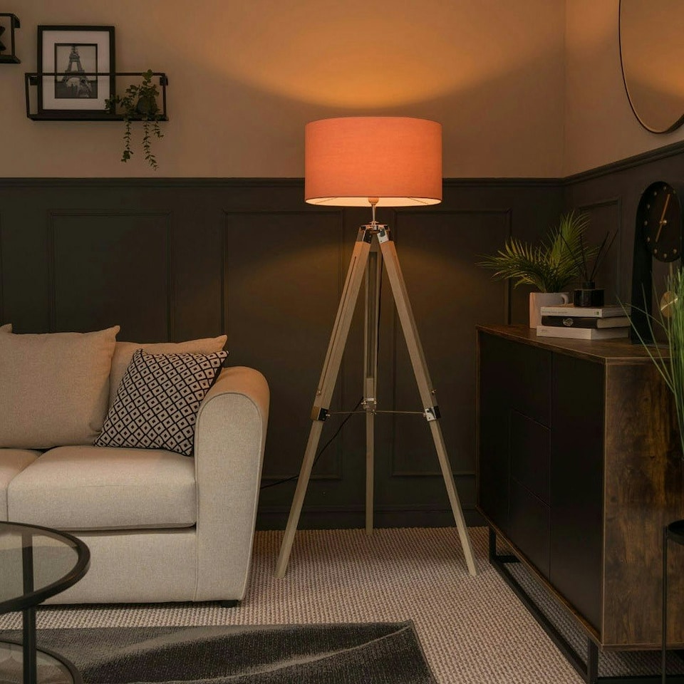 image 1 of ValueLights Clipper Light Brown Tripod Floor Lamp Large Pink Shade