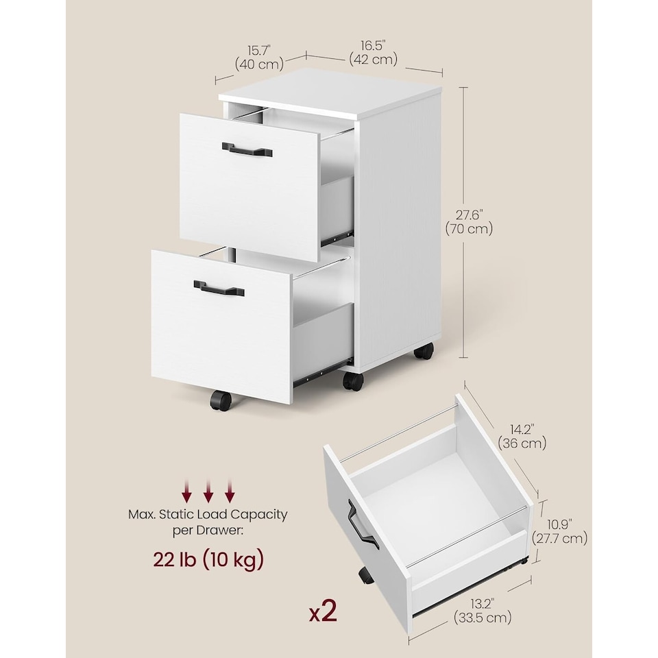 image 1 of Two-Drawer Mobile File Cabinet with Wheels, Compact Printer Stand Storage, White