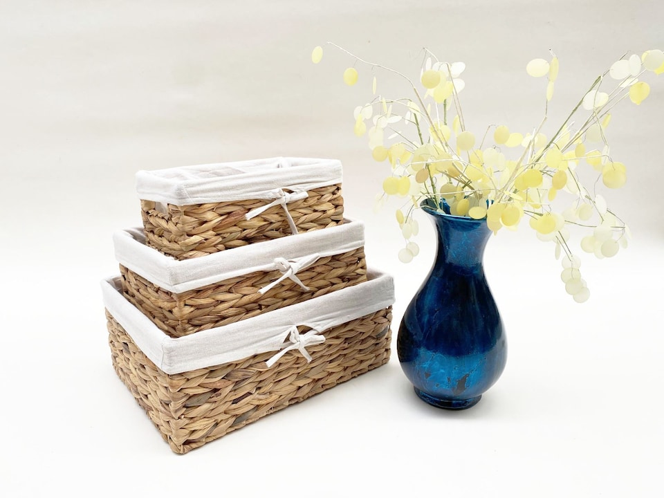 image 1 of Natural Woven Water Hyacinth Deep Rectangle Storage Basket Hamper With Lining Small 28 x 18 x 12 cm | Cream | Neutral | S