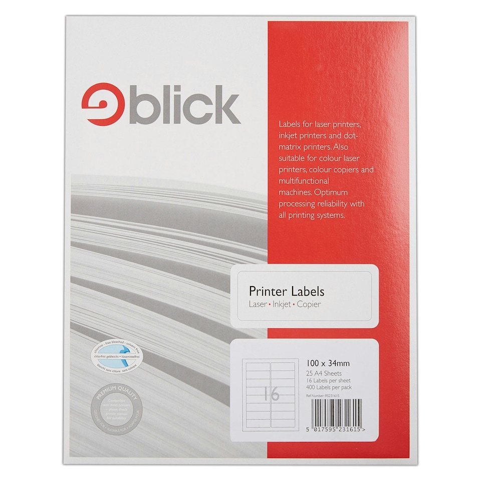 image 1 of Blick 16 Per Sheet 25 Sheets, 100mm x 34mm, Rectangular, White, 400 Labels