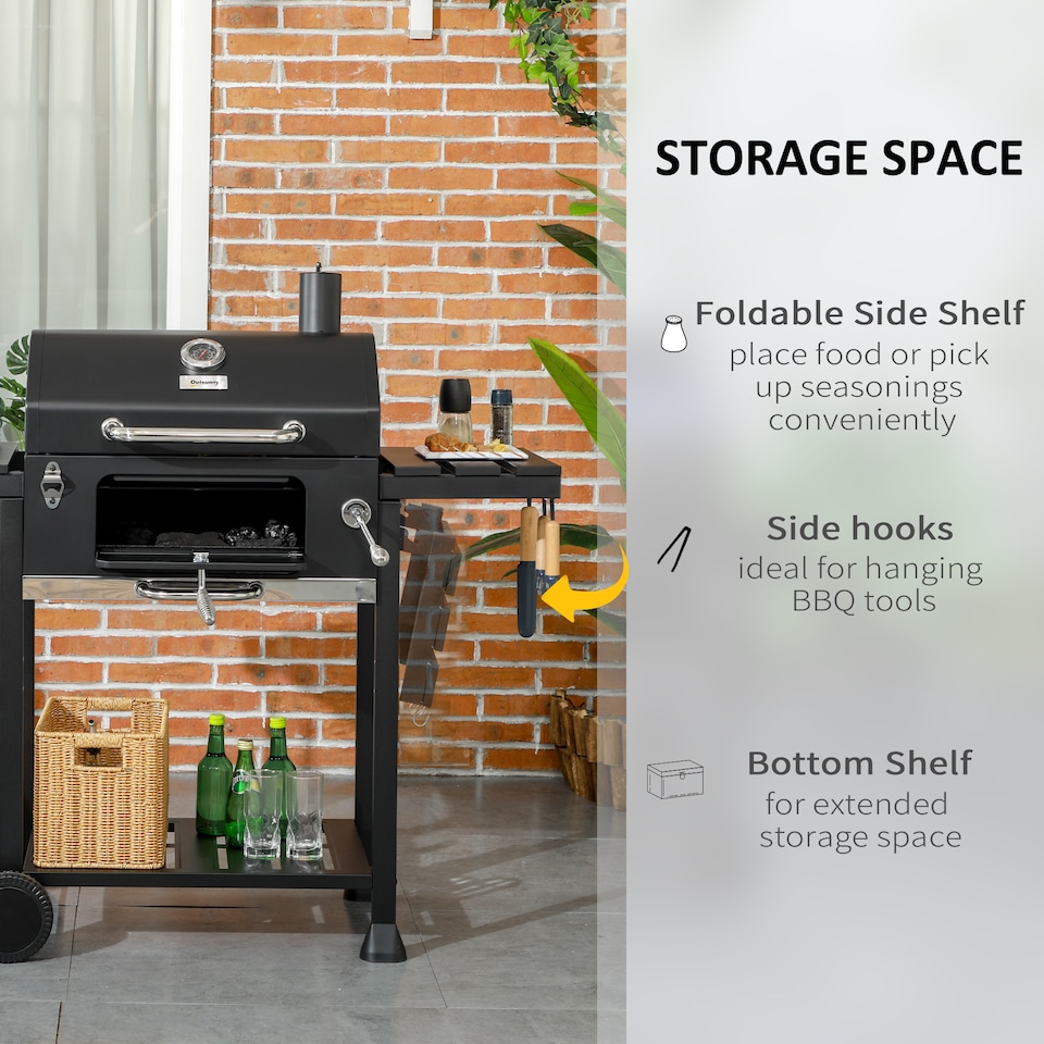 image 1 of Charcoal BBQ Grill Smoker Trolley with Shelves, Bottle Opener and Wheels